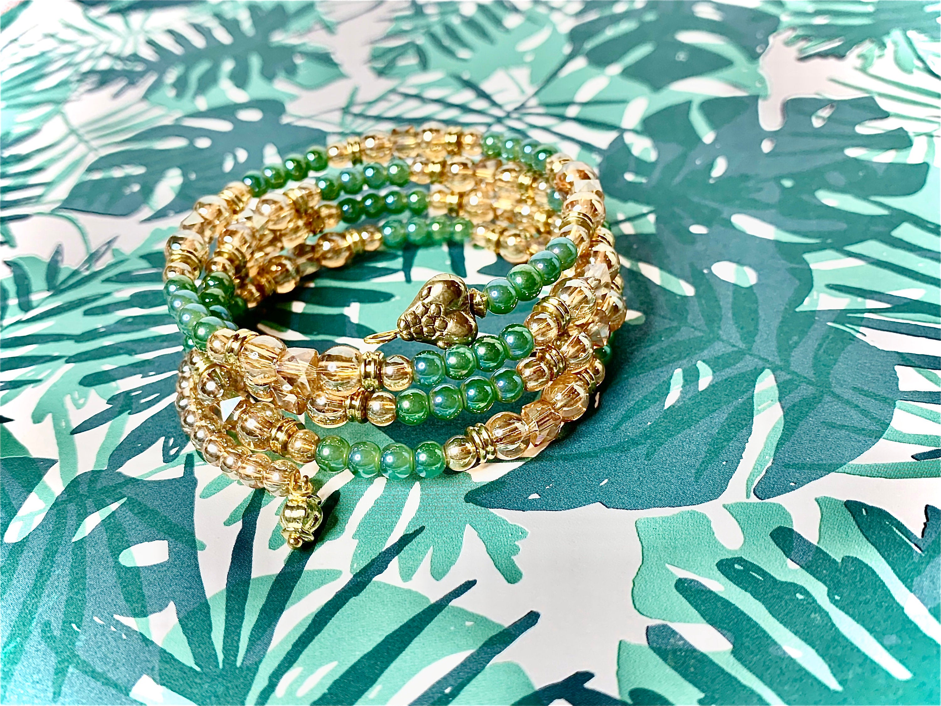 Brass Snake Coil Bracelet, Beaded Stacking Bangle