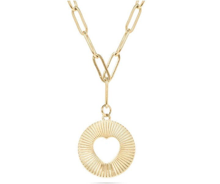 Gold Heart Medallion Paperclip Chain Necklace