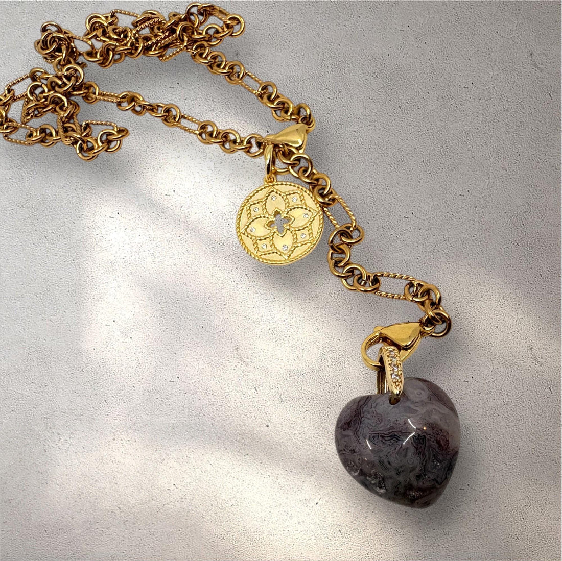 Puffy Agate Heart Charm – 14K Gold Plated Pendant with CZ