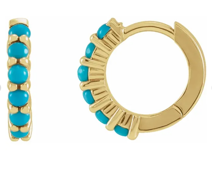 Natural Turquoise Hoop Huggy Earrings in 14kt Gold