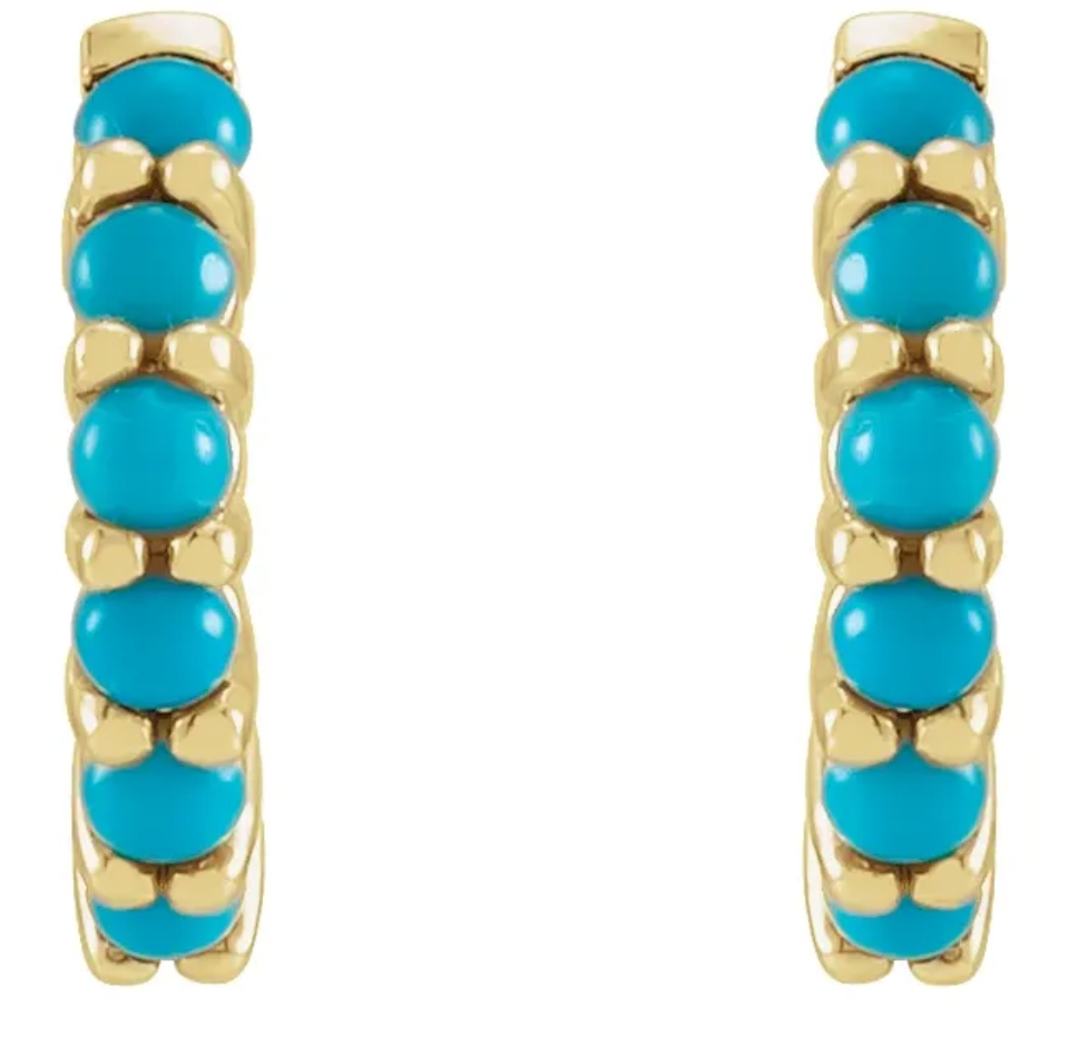 Natural Turquoise Hoop Huggy Earrings in 14kt Gold