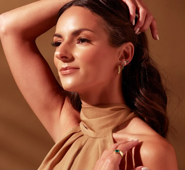 Natural Turquoise Hoop Huggy Earrings in 14kt Gold