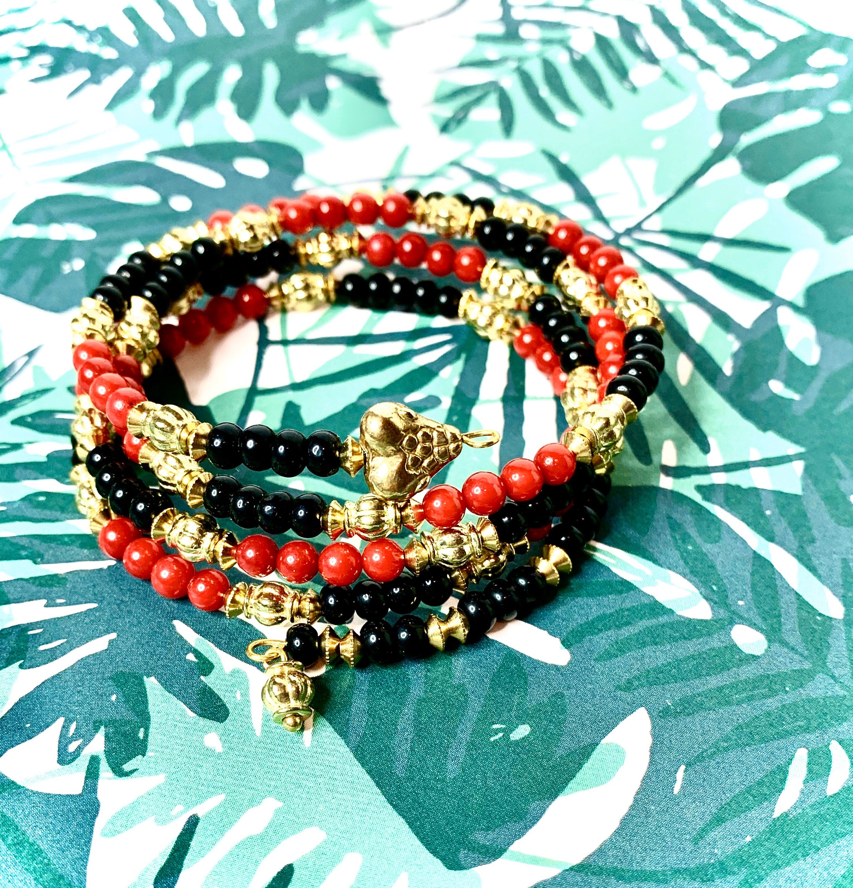 Brass Snake Coil Bracelet, Beaded Stacking Bangle