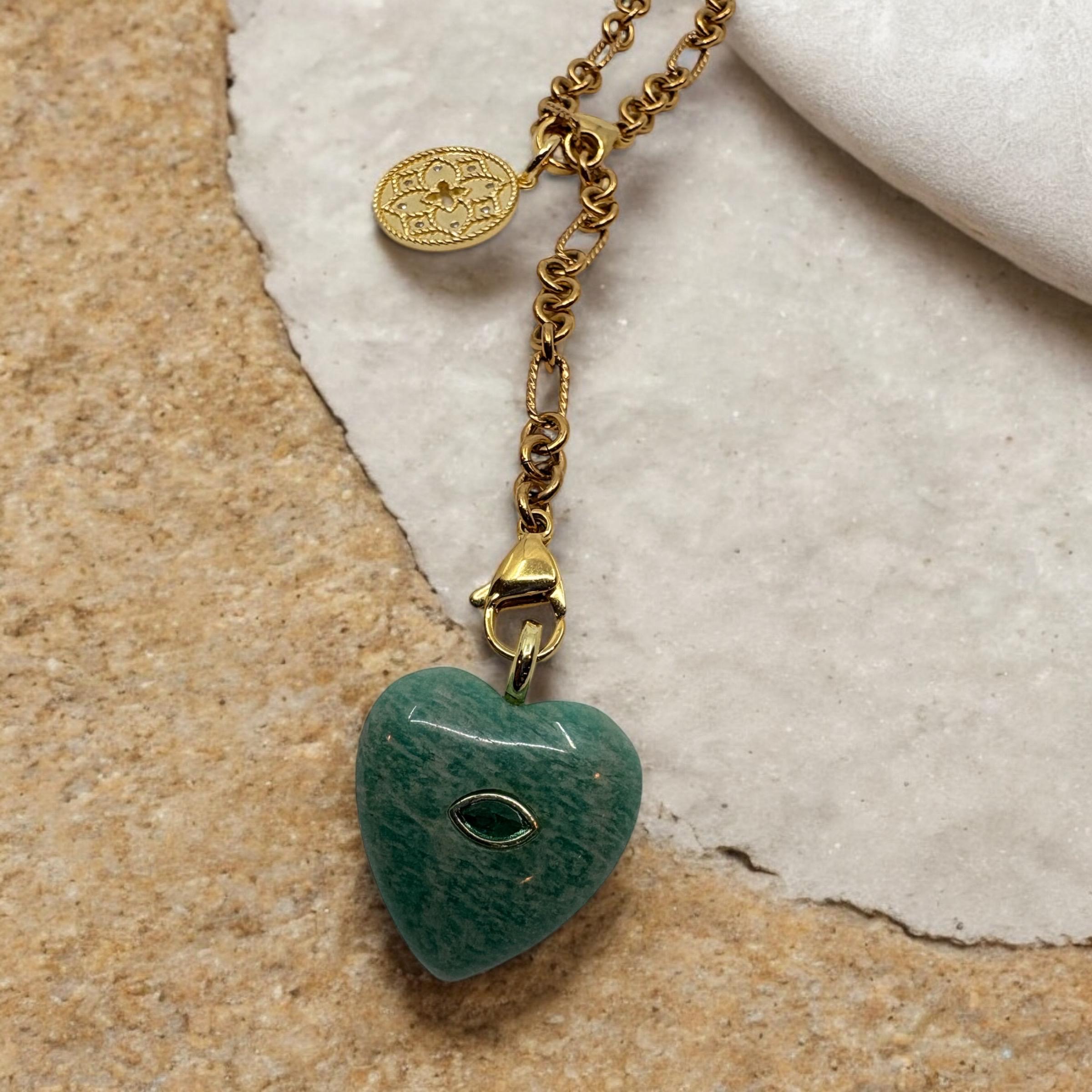Puffy Aventurine Heart Charm – 14K Gold Plated Bail Pendant
