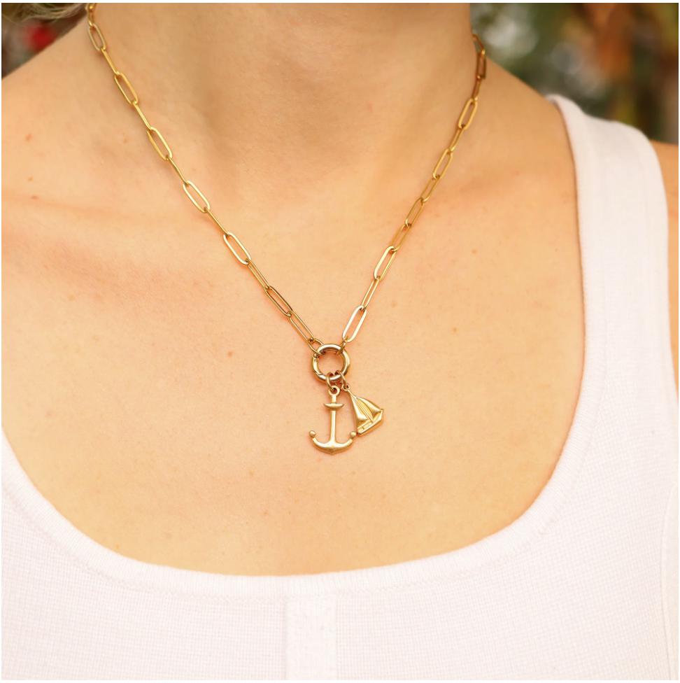 Gold Paperclip Charm Keeper Necklace, Stainless Steel