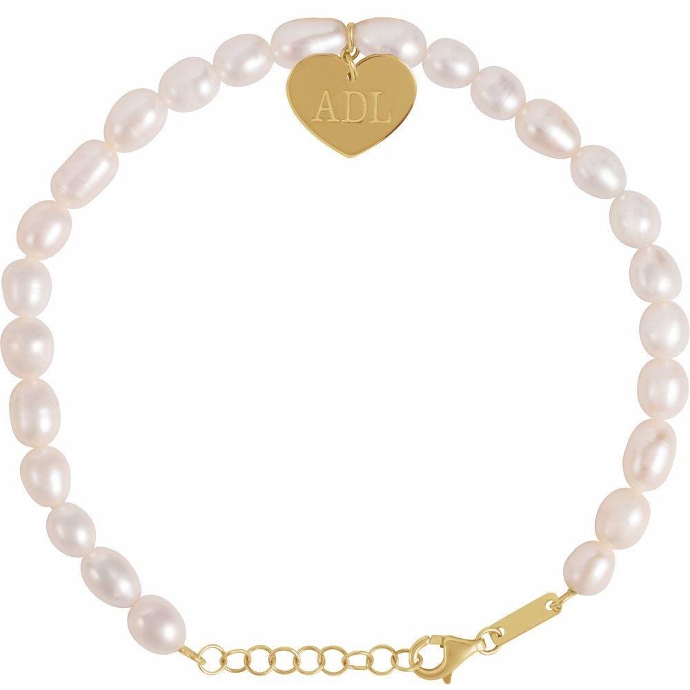 14K Gold & Pearl Bracelet with Engravable Heart Charm – Personalized Fine Jewelry