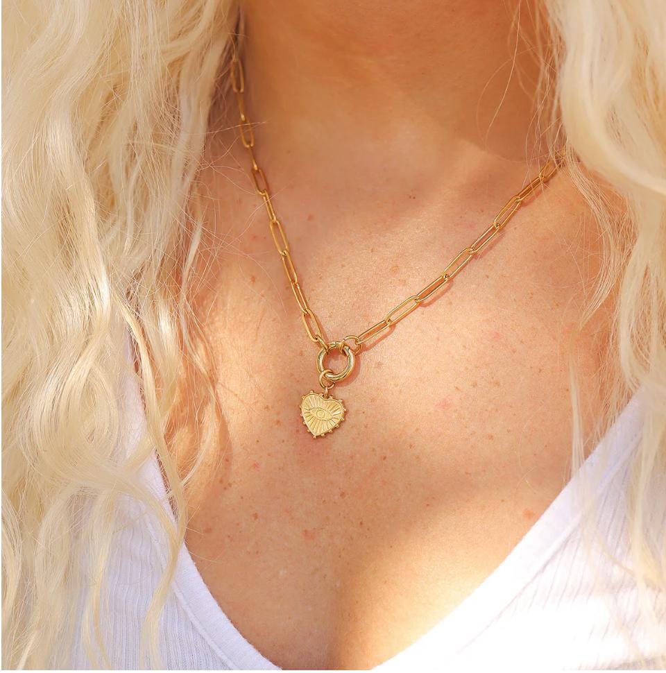 Gold Paperclip Charm Keeper Necklace, Stainless Steel