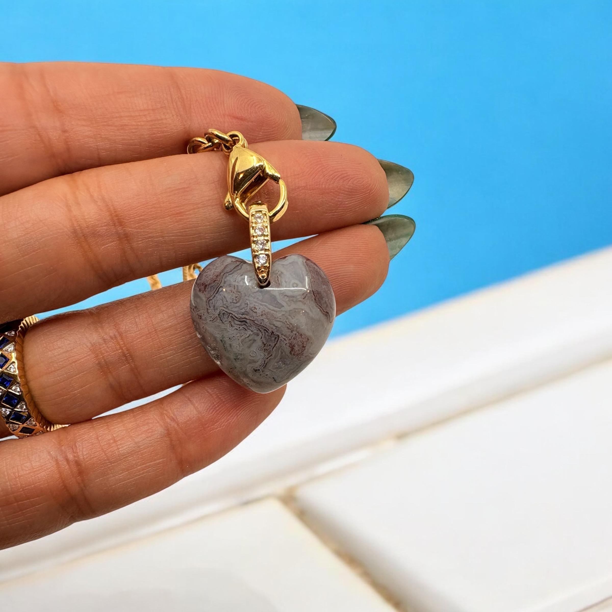 Puffy Agate Heart Charm – 14K Gold Plated Pendant with CZ